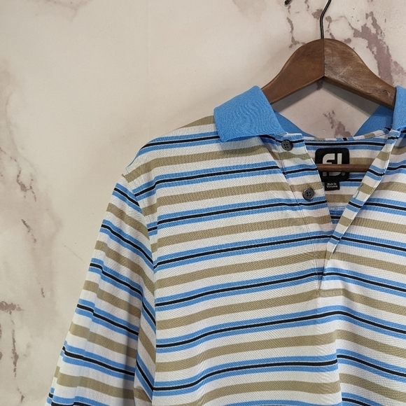 FootJoy Shirt Mens Small Polo Brown Blue Striped Golf Performance Foot Joy - Picture 2 of 10